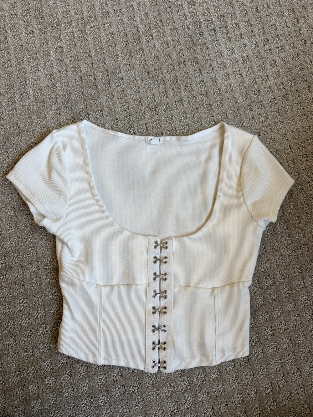 Garage Cream Ribbed Scoop-Neck Hook-Front Crop Top